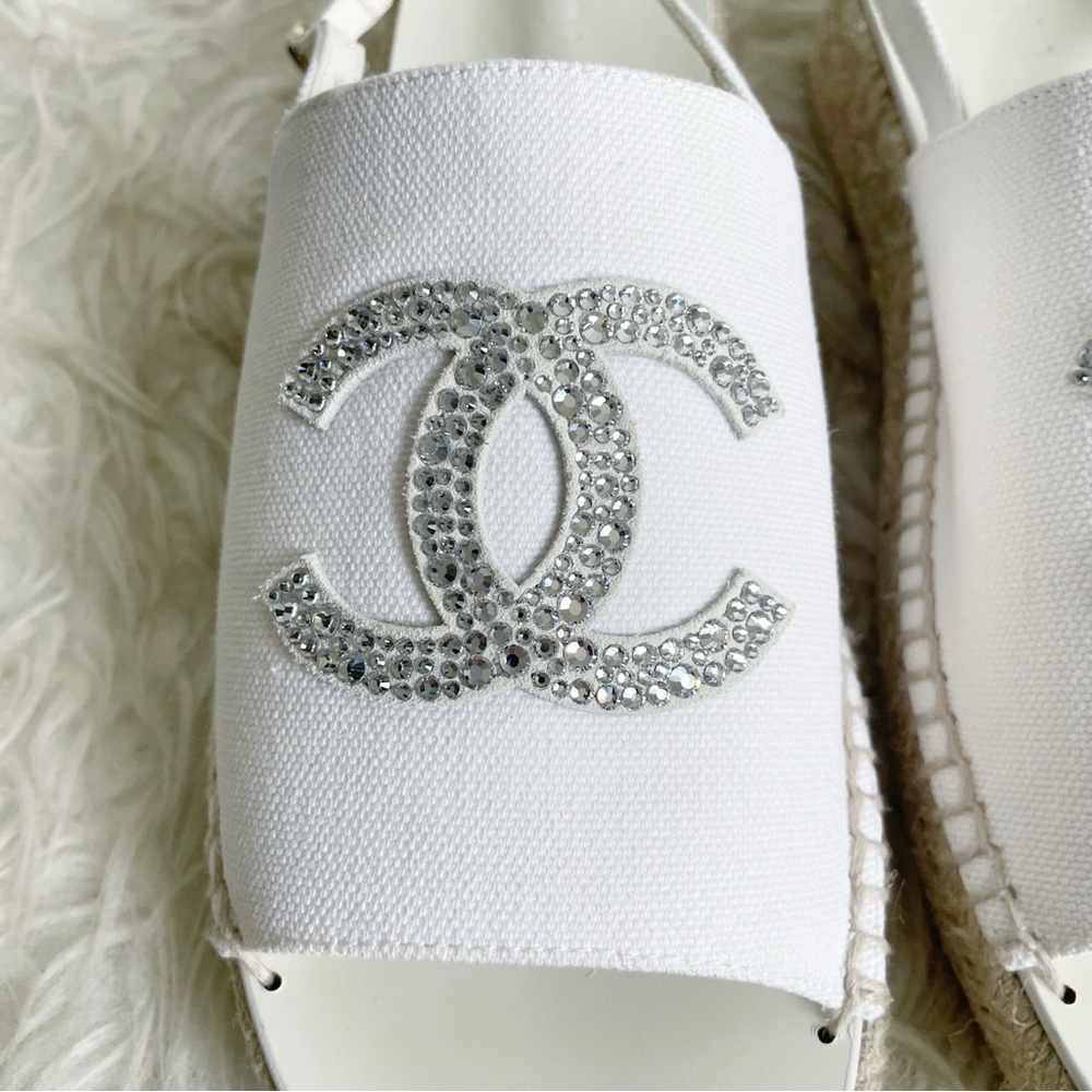 Chanel 24S Interlocking CC Logo Espadrille Slingback White Canvas Rhinestone 38 - Picture 3 of 13
